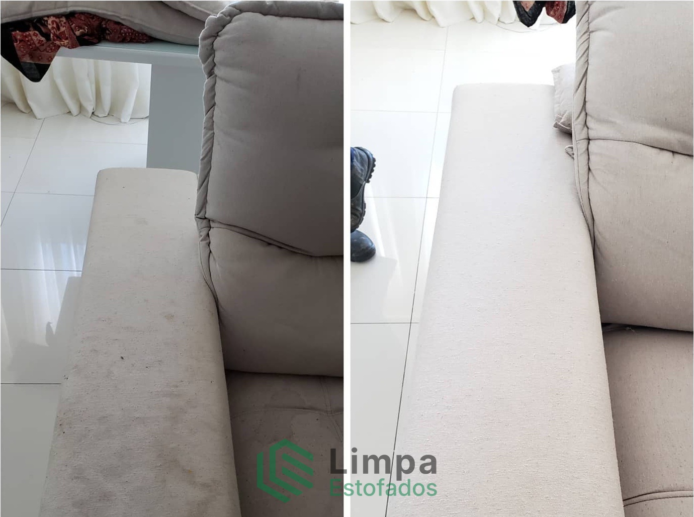 Antes e depois de limpeza de estofado claro com remoção de sujeira
