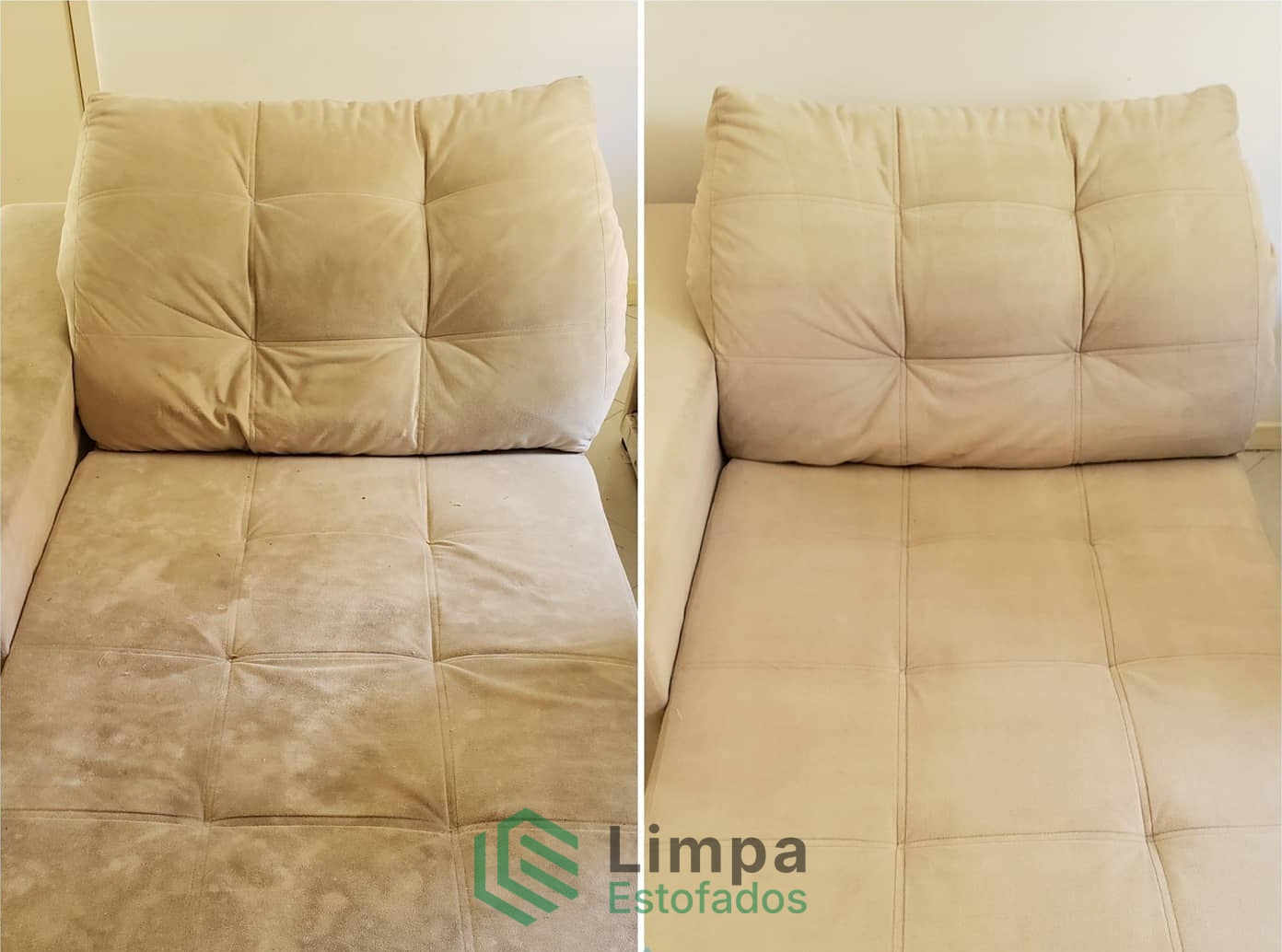 Antes e depois de higienização de sofá bege